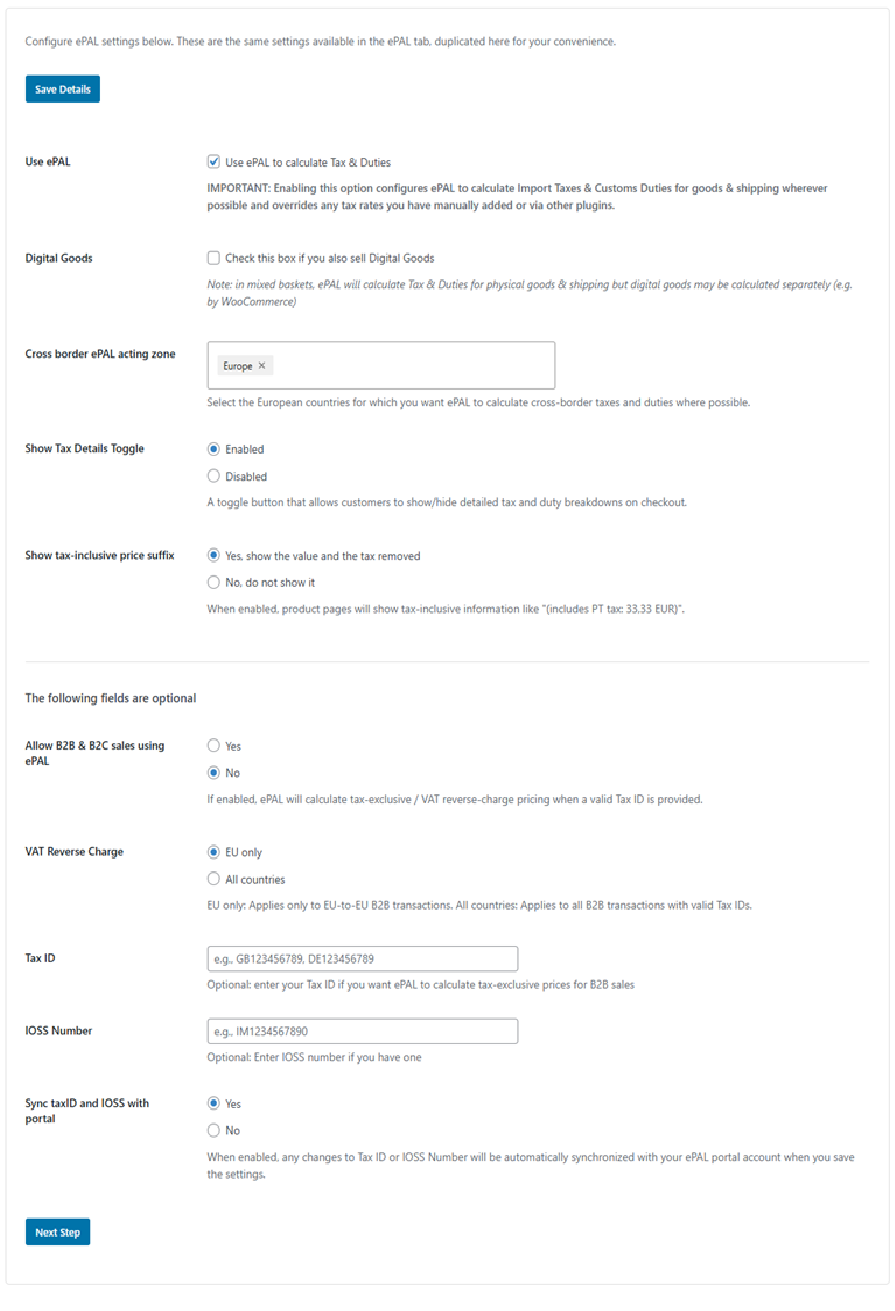 ePAL Tax Configurations Settings UI